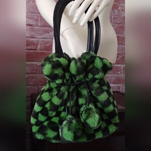 Jayley Collection Faux Fur Bag Purse Handbag Black & Green Checkered